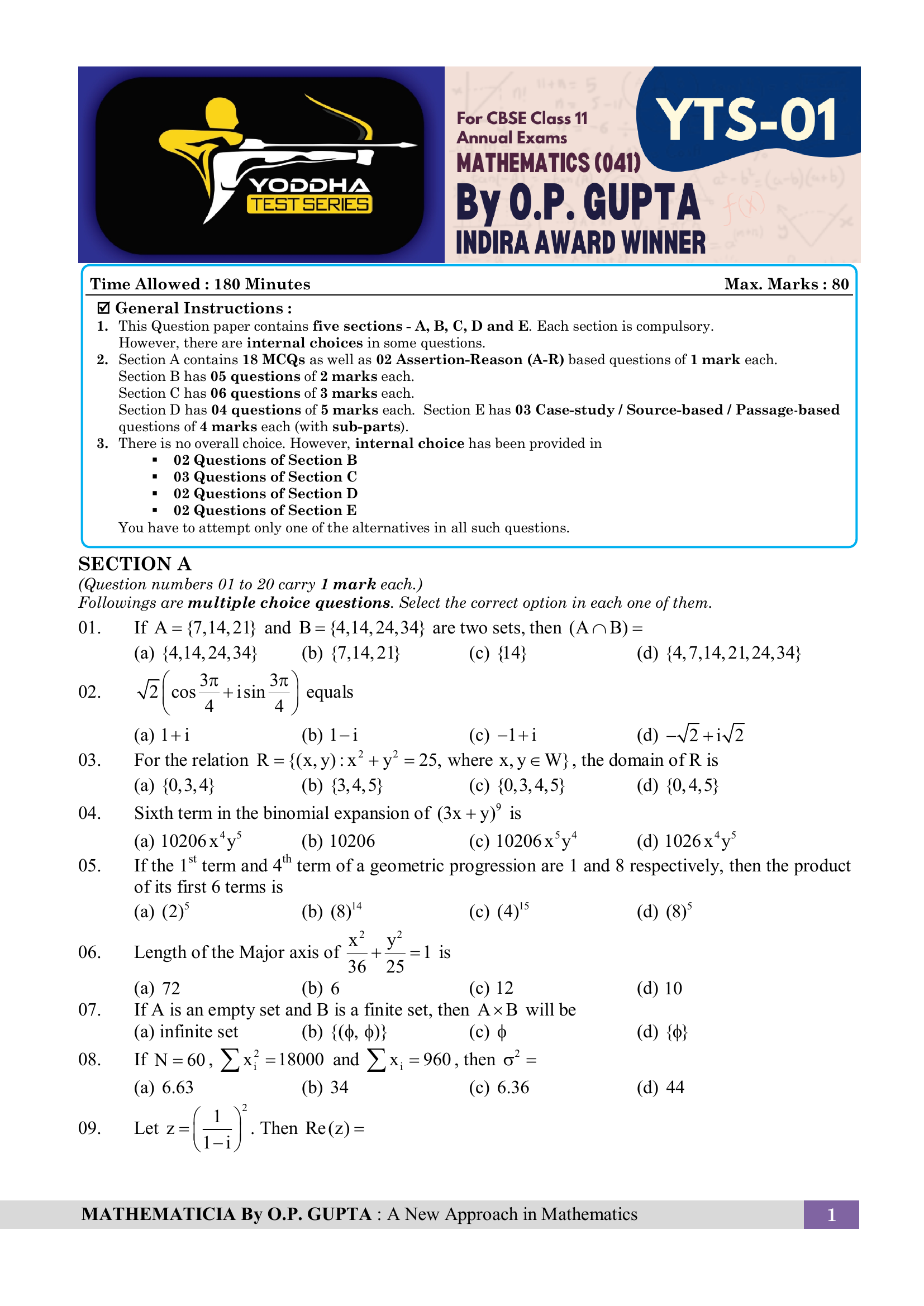 CBSE YODDHA SAMPLE PAPERS For XI Maths (041) by O.P. Gupta