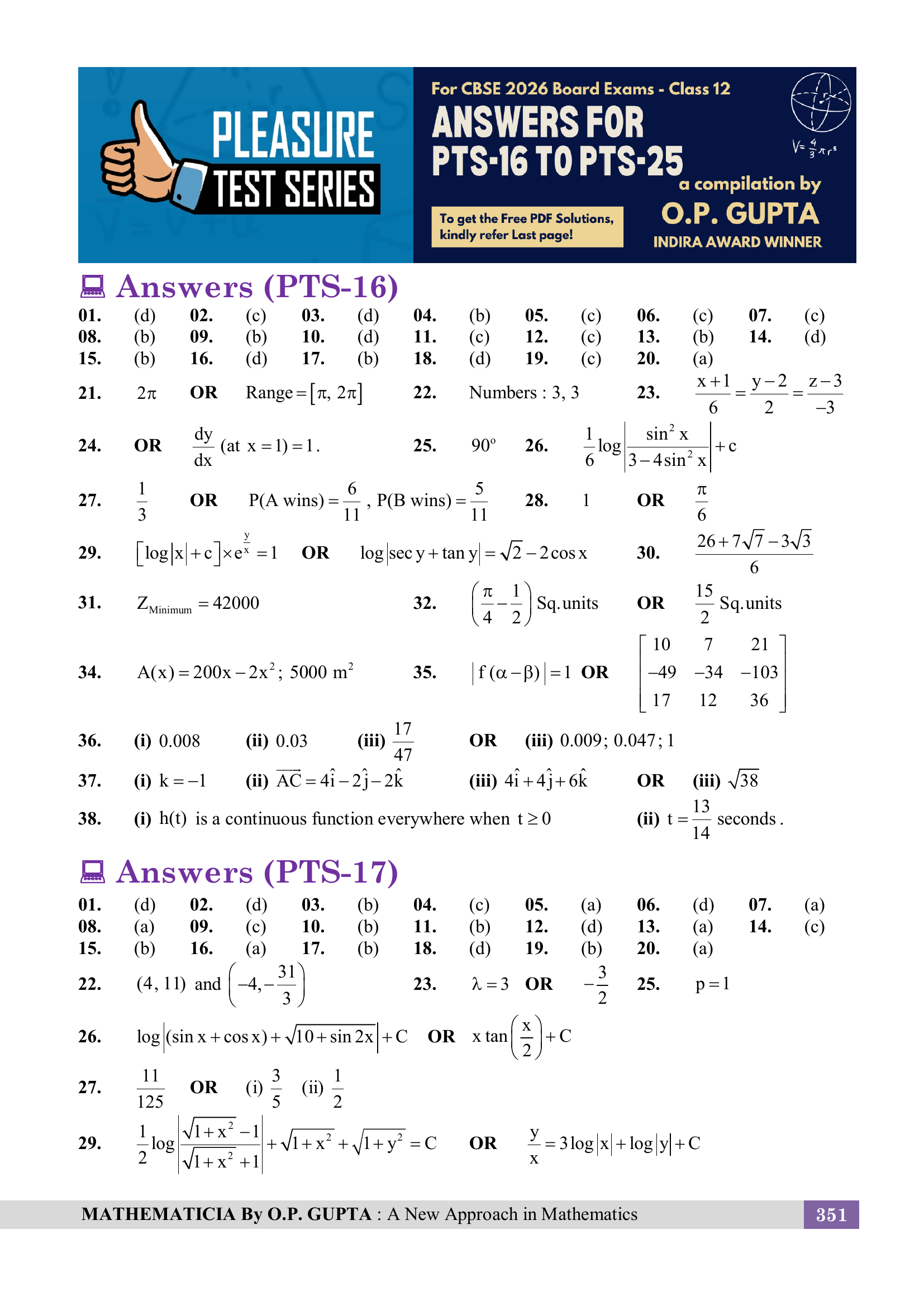 CBSE 39 SAMPLE PAPERS [Pleasure Tests Series for XII Maths (041)] by O.P. Gupta